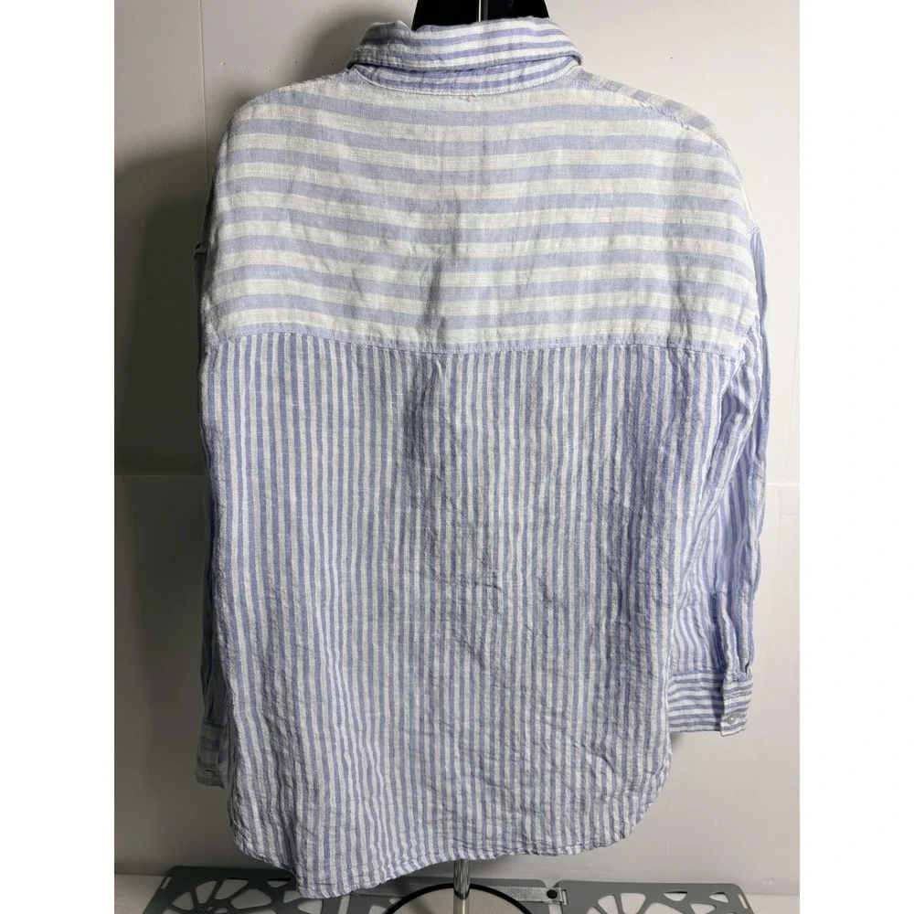 Nicole Miller New‎ York Shirt Womens Small Blue White Stripe Linen Button Top - Picture 4 of 8
